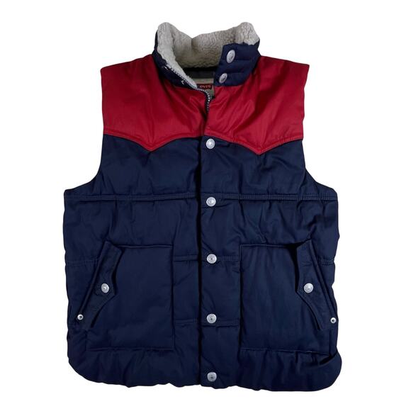 Levi’s Youth Puffer Vest M | Red Blue Sherpa Collar Fleece Lined Zip Snap Retro - Picture 4 of 14